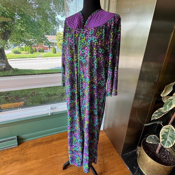 Vintage 1970s robe, purple pink teal floral, nylon house dress, bell sleeves - Picture 1 of 8